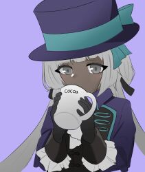 Rule 34 | 1girl, black gloves, blue bow, blue hat, blue jacket, bow, charon (project moon), cosplay, cup, dark-skinned female, dark skin, drinking, gloves, grey background, grey eyes, hands up, hat, hat bow, highres, holding, holding cup, jacket, limbus company, long hair, looking at viewer, low twintails, project moon, reverse:1999, simple background, solo, syeomsyeom, top hat, twintails, vertin (reverse:1999), vertin (reverse:1999) (cosplay), very long hair, white hair