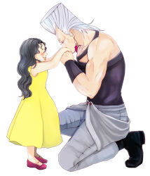 Rule 34 | 1boy, 1girl, aged down, bad id, bad pixiv id, black hair, blush, boots, brother and sister, child, closed eyes, dress, earrings, flattop, grey hair, height difference, hetero, jean pierre polnareff, jewelry, jojo no kimyou na bouken, kiss, kissing hand, kneeling, no eyebrows, on one knee, rin co, sherry polnareff, siblings, smile, yellow dress