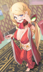 Rule 34 | 1girl, aki rosenthal, alternate costume, barefoot, blonde hair, blue eyes, blush, braid, breasts, cleavage, commission, cup, drinking glass, elf, fang, french braid, harem outfit, harem pants, highres, hololive, large breasts, looking at viewer, midriff, navel, pants, pointy ears, rug, solo, twin (tt lsh), virtual youtuber, wine glass