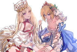 Rule 34 | 2girls, absurdres, argyle, argyle clothes, argyle cutout, bare shoulders, blonde hair, blue cape, blue ribbon, breasts, cape, cleavage, clothing cutout, collarbone, crown, dress, europa (fate), europa (granblue fantasy), fate/grand order, fate (series), flower, granblue fantasy, hair flower, hair ornament, highres, long hair, long sleeves, looking at viewer, medium breasts, multiple girls, name connection, off-shoulder dress, off shoulder, panties, pink eyes, purple eyes, red panties, ribbon, short hair, smile, thighhighs, tiara, tsengyun, underwear, very long hair, white dress