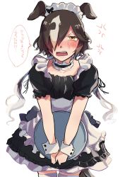 Rule 34 | 1girl, alternate costume, anger vein, angry, animal ears, apron, black dress, blush, brown hair, dress, embarrassed, enmaided, hair over one eye, highres, hiyo (2016.10), holding, horse ears, horse girl, horse tail, long hair, looking at viewer, maid, maid apron, maid headdress, open mouth, short sleeves, simple background, solo, tail, thighhighs, tray, twintails, umamusume, vodka (umamusume), white background, white thighhighs, yellow eyes
