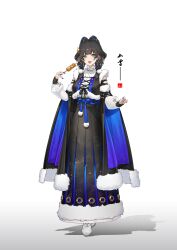 Rule 34 | 1girl, :d, black cape, black hair, blue eyes, blush, breasts, cape, chinese clothes, cone hair bun, dress, duijin ruqun, earrings, food, full body, fur-trimmed cape, fur trim, gloves, gradient background, green eyes, hair bun, highres, holding, holding food, huang (pixiv3580877), jewelry, long hair, long sleeves, looking at viewer, multicolored hair, nail polish, open mouth, original, simple background, smile, solar term, solo, standing, streaked hair, tassel, white background, white footwear