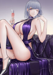 Rule 34 | 1girl, alcohol, anklet, bare shoulders, breasts, champagne flute, cocktail dress, couch, cup, dress, drinking glass, evening gown, filha, girls&#039; frontline, grey hair, high heels, highres, jewelry, large breasts, one eye closed, purple dress, purple eyes, rpk-16 (girls&#039; frontline), short hair, sitting, smile, solo