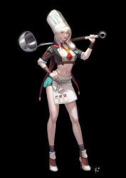 Rule 34 | 1girl, absurdres, apron, black background, black socks, bottle, chef hat, colored eyelashes, crop top, full body, hand on own hip, hat, high heels, highres, holding, knife, ladle, long hair, looking at viewer, navel, original, oven mitts, oversized object, purple eyes, revision, sheath, sheathed, shoes, signature, socks, solo, standing, tongue, tongue out, w ruwaki, waist apron, white apron