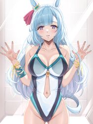 Rule 34 | 1girl, against glass, animal ears, bare shoulders, blue hair, blue nails, blush, bow, braid, breast press, breasts, clothing cutout, collarbone, commentary request, cowboy shot, crown braid, ear ornament, ear ribbon, highleg, highleg swimsuit, highres, horse ears, horse girl, horse tail, large breasts, light blue hair, long hair, looking at viewer, mejiro ardan (umamusume), navel, navel cutout, one-piece swimsuit, parted lips, purple eyes, solo, swimsuit, tail, tsukiyuki mike, umamusume