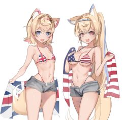 Rule 34 | 2girls, :3, :d, alternate costume, alternate hairstyle, american flag, american flag bikini, animal ear fluff, animal ears, bikini, blue bikini, blue eyes, blue hair, blue hairband, breasts, commentary, commission, cowboy shot, dog ears, dog girl, dog tail, english commentary, fangs, flag, flag print, fuwawa abyssgard, grey shorts, hairband, high ponytail, highleg, highleg bikini, highres, holding, holding flag, hololive, hololive english, large breasts, long hair, mococo abyssgard, multiple girls, navel, open mouth, pink eyes, pink hair, pink hairband, red bikini, second-party source, short hair, shorts, siblings, simple background, sisters, sketch, small breasts, smile, sobbi11, standing, swimsuit, tail, thighs, twins, union jack, union jack bikini, virtual youtuber, white background