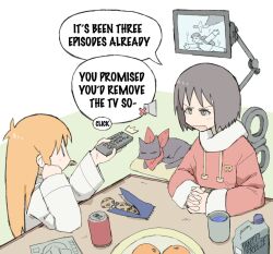 Rule 34 | 2girls, android, brown hair, can, controller, cookie, cup, drink can, english text, food, fruit, highres, holding, holding remote control, lab coat, mandarin orange, mouth hold, multiple girls, neckerchief, nichijou, open mouth, orange hair, own hands clasped, own hands together, pantsu-ripper, pillow, plate, professor shinonome, red neckerchief, remote control, sakamoto (nichijou), shinonome nano, soda can, television, winding key