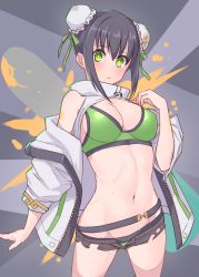 Rule 34 | 1girl, absurdres, bare shoulders, bikini, black shorts, blush, breasts, bun cover, cleavage, double bun, duplicate, fate/grand order, fate (series), green bikini, green eyes, green ribbon, hair between eyes, hair bun, highres, jacket, kopaka (karda nui), large breasts, long sleeves, looking at viewer, micro shorts, navel, off shoulder, open clothes, open jacket, qin liangyu (chainsaw of the dead) (fate), qin liangyu (fate), ribbon, shorts, sidelocks, solo, swimsuit, thighs, white jacket