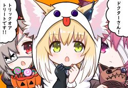 Rule 34 | 3girls, animal ears, arknights, bandage over one eye, blonde hair, clenched hands, collar, commentary request, costume, doll, earpiece, eyepatch, fox ears, ghost costume, gloves, green eyes, grey hair, halloween, hat, infection monitor (arknights), jack-o&#039;-lantern, kitara koichi, long hair, medium hair, multiple girls, open mouth, pink eyes, pink hair, popukar (arknights), red eyes, shamare (arknights), single glove, suzuran (arknights), tongue, tongue out, translation request, trick or treat, upper body