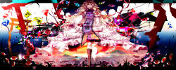 Rule 34 | 1girl, abstract, absurdres, blonde hair, blue background, boots, bow, breasts, cloud, distortion, dress, eyelashes, eyes visible through hair, floating, frilled dress, frills, gap (touhou), glowing, glowing eyes, gradient background, hair bow, hand up, highres, holding, holding umbrella, knees, lake, large breasts, lens flare, long hair, mountain, multicolored eyes, open hand, open mouth, paint splatter, petals, purple eyes, red pupils, reflection, senshuu kou, sign, smile, solo, space, sunset, tabard, teeth, tongue, torii, touhou, umbrella, very long hair, white background, white dress, yakumo yukari