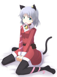 Rule 34 | 00s, 1girl, animal ears, bell, black pantyhose, cat ears, cat tail, christmas, collar, dress, green eyes, mouth hold, neck bell, nishikawa ari, pantyhose, ribbon, santa costume, sanya v. litvyak, short hair, silver hair, solo, strike witches, tail, world witches series