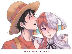 Rule 34 | 1boy, 1girl, artist name, black hair, blush, character name, cherry zzero, closed eyes, hair over one eye, hat, highres, long hair, monkey d. luffy, multicolored hair, one piece, one piece film: red, open mouth, purple eyes, short hair, smile, straw hat, two-tone hair, uta (one piece)