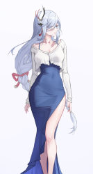 Rule 34 | 1girl, blue dress, blue eyes, blue skirt, blush, braid, breasts, chamuhz, cleavage, collarbone, dress, genshin impact, hair ornament, hair over one eye, highres, large breasts, long hair, long skirt, long sleeves, looking to the side, low-braided long hair, low-tied long hair, shenhe (genshin impact), shirt, skirt, solo, thighs, very long hair, white hair, white shirt