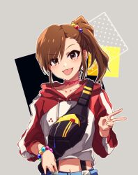 Rule 34 | 1girl, anaroguya, bag, bead bracelet, beads, bracelet, breasts, brown eyes, brown hair, choker, collarbone, dot nose, futami mami, hair bobbles, hair ornament, hand up, heart, heart choker, highres, hood, hood down, idolmaster, idolmaster (classic), idolmaster million live!, idolmaster million live! theater days, jewelry, long hair, long sleeves, looking at viewer, midriff peek, multicolored background, navel, pink choker, shoulder bag, side ponytail, small breasts, smile, solo, suspenders, tongue, tongue out, two-tone hoodie, upper body, v, v-shaped eyebrows