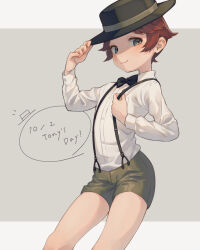 Rule 34 | 1boy, black bow, black bowtie, black headwear, bow, bowtie, brown eyes, brown hair, character name, closed mouth, green shorts, hat tip, long sleeves, looking at viewer, male focus, mother (game), mother 2, nintendo, shifumame, shirt, short hair, shorts, smile, suspenders, tony (mother 2), white shirt