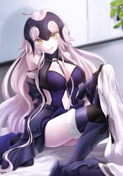 Rule 34 | 1girl, :q, ahoge, armor, armored dress, bare shoulders, black gloves, black thighhighs, blurry, blush, breasts, chain, cleavage, clothing cutout, commentary request, depth of field, detached sleeves, fate/grand order, fate (series), gloves, greaves, headpiece, jeanne d&#039;arc (fate), jeanne d&#039;arc alter (avenger) (fate), jeanne d&#039;arc alter (avenger) (third ascension) (fate), jeanne d&#039;arc alter (fate), long hair, looking at viewer, medium breasts, navel, omizu (omz), pale skin, side cutout, sidelocks, silver hair, sitting, smile, solo, thighhighs, tongue, tongue out, v-shaped eyebrows, very long hair, yellow eyes