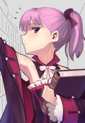 Rule 34 | 1girl, absurdres, armpits, boa (brianoa), book, closed mouth, detached collar, fate/grand order, fate (series), helena blavatsky (fate), helena blavatsky (third ascension) (fate), highres, holding, holding book, long sleeves, looking at viewer, neck ribbon, notice lines, ponytail, profile, purple eyes, purple hair, ribbon, solo, unfinished, sketch background, upper body, white ribbon, wide sleeves