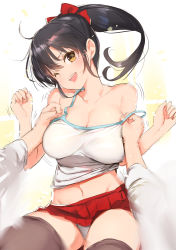 Rule 34 | 1girl, black hair, breasts, brown hair, cleavage, collarbone, commentary request, forced smile, hair ribbon, large breasts, laughing, long hair, looking at viewer, navel, original, panties, pleated skirt, ponytail, red skirt, ribbon, simple background, skirt, stomach, strap slip, tank top, thighhighs, tickling, tickling breasts, underwear, white panties, yaegashi nan