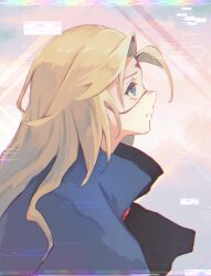Rule 34 | 1girl, absurdres, blonde hair, blue coat, blue eyes, coat, commentary, english commentary, facial mark, forehead mark, from side, glitch, grey background, highres, long hair, looking up, lumi (outcore), outcore, parted lips, ptr virgil, solo, upper body