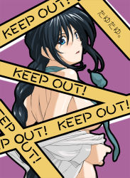 Rule 34 | 1girl, artist name, back, black hair, blue eyes, blush, braid, breasts, caution tape, censored, convenient censoring, dress shirt, english text, hair between eyes, head tilt, keep out, kobayakawa miyuki, large breasts, long hair, looking at viewer, looking back, necktie, no bra, nude, off shoulder, open clothes, open mouth, open shirt, caution tape, profile, purple background, shirt, sidelocks, simple background, single braid, solo, taiho shichauzo, tayutayu., undressing, upper body, very long hair
