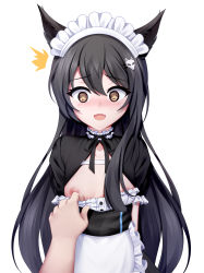 Rule 34 | 1girl, ^^^, absurdres, animal ears, apron, assisted exposure, black dress, black hair, black ribbon, blush, breasts, brown eyes, chrisandita, collarbone, commentary, dress, fang, fox ears, fox hair ornament, frilled apron, frills, hair between eyes, hair ornament, hairclip, highres, long hair, looking at viewer, maid, maid headdress, neck ribbon, nipples, nose blush, open mouth, original, out of frame, puffy short sleeves, puffy sleeves, ribbon, short sleeves, simple background, small breasts, solo focus, very long hair, waist apron, wavy mouth, white apron, white background