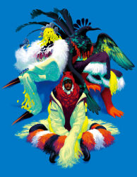Rule 34 | 1girl, 2others, animal ear headwear, bird, blue background, blue eyes, checkered clothes, covered face, creature, crossed legs, dark skin, fake animal ears, feathers, fur trim, highres, jacket, long sleeves, looking at viewer, multiple others, original, red eyes, shishinnonoii, sitting, teeth, yellow jacket