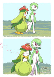 Rule 34 | 2girls, ^ ^, artist name, blue sky, blush, blush stickers, bob cut, border, closed eyes, closed mouth, colored sclera, colored skin, comic, creatures (company), dated, day, female focus, flat chest, flower, full body, game freak, gardevoir, gen 3 pokemon, gen 5 pokemon, grass, green hair, green skin, hair flower, hair ornament, hair over one eye, happy, holding hands, interspecies, lilligant, long hair, looking at another, looking down, looking to the side, monster girl, multicolored skin, multiple girls, multiple views, musical note, nintendo, one eye covered, orange sclera, outdoors, plant girl, pokemon, pokemon (creature), red eyes, red flower, rina cat, short hair, sidelocks, signature, sky, smile, standing, twitter username, two-tone skin, walking, watermark, white border, white eyes, white skin, yuri