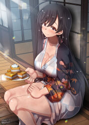 Rule 34 | 1girl, ahoge, black hair, blue eyes, blush, breasts, cleavage, closed mouth, food, girls und panzer, highres, isuzu hana, japanese clothes, kimono, large breasts, long hair, looking at viewer, megadeko, sitting, smile, solo