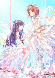 Rule 34 | 2girls, animal, back bow, bird, blue bow, blue footwear, blurry, blurry foreground, blush, bow, branch, brown eyes, brown hair, cardcaptor sakura, castle, closed mouth, commentary request, crown, daidouji tomoyo, depth of field, dress, feathered wings, finger to mouth, flower, gloves, hair between eyes, hair bow, high heels, highres, holding hands, kinomoto sakura, long hair, mary janes, mini crown, multiple girls, peas (peas0125), petals, pink flower, purple eyes, purple hair, shoes, sleeveless, sleeveless dress, smile, striped, striped bow, tower, transparent, transparent wings, very long hair, white dress, white footwear, white gloves, white wings, wings