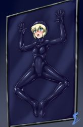 Rule 34 | 1girl, alice margatroid, aozame takao, bdsm, blonde hair, blue eyes, blush, encasement, latex, open mouth, restrained, scared, sweatdrop, tears, touhou, vacbed