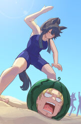 Rule 34 | 1boy, 3girls, absurdres, animal ears, bandaid, bandaid on face, bandaid on nose, barefoot, beach, black hair, blonde hair, blue one-piece swimsuit, blue sky, breasts, buried, closed eyes, closed mouth, commentary request, competition school swimsuit, competition swimsuit, food, fruit, full body, highres, horse ears, horse girl, horse tail, long hair, medium breasts, mukakin, multiple girls, narita brian (umamusume), one-piece swimsuit, open mouth, outdoors, ponytail, sand, school swimsuit, short hair, sidelocks, sky, swimsuit, tail, tracen swimsuit, trainer (umamusume), umamusume, very long hair, watermelon