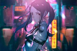 Rule 34 | 1girl, bartender, billboard, black vest, city lights, cityscape, collared shirt, crossed arms, cyberpunk, highres, jill stingray, long sleeves, looking at viewer, necktie, purple hair, red eyes, red necktie, shiomi (lowrise), shirt, solo, twintails, va-11 hall-a, vest