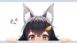 Rule 34 | 1girl, absurdres, animal ear fluff, animal ears, black hair, blush, crossed bangs, hair ornament, hairclip, hands up, heart, highres, hololive, long hair, looking at viewer, ookami mio, peeking out, portrait, sidelocks, solo, starkamisan, virtual youtuber, white background, wolf ears, wolf girl