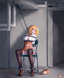 Rule 34 | 1girl, absurdres, arms behind back, artist request, bdsm, blonde hair, blue eyes, bra, breasts, chain, chair, chairtie, cleavage, cleave gag, cloth gag, forced orgasm, gag, gagged, hat, highres, hitachi magic wand, hololive, hololive english, improvised gag, indoors, kantai collection, mutsu (kancolle), panties, pussy juice, sex toy, short hair, sitting, skiox, spread legs, thighhighs, underwear, vibrator, virtual youtuber, watson amelia