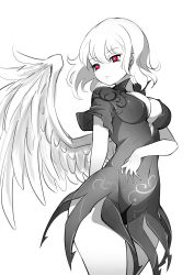 Rule 34 | 1girl, alternate costume, breasts, chinese clothes, cleavage, covered navel, dress, greyscale, highres, hip focus, kishin sagume, large breasts, microdress, monochrome, pointy ears, raptor7, red eyes, short dress, short hair, simple background, single wing, solo, spot color, touhou, white background, wide hips, wings