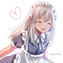 Rule 34 | 1girl, alternate costume, apron, artist name, black dress, blonde hair, commentary request, cowboy shot, dress, enmaided, closed eyes, frilled apron, frills, heart, highres, kantai collection, kukimaru, long hair, maid, maid headdress, open mouth, ro-500 (kancolle), simple background, solo, tan, teeth, upper teeth only, white apron, white background