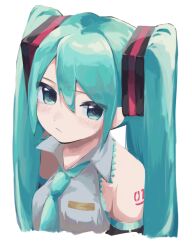 Rule 34 | 1girl, aqua eyes, aqua hair, aqua necktie, asymmetrical bangs, bare shoulders, black ribbon, black sleeves, breasts, closed mouth, collared shirt, commentary, cropped torso, detached sleeves, dot nose, grey shirt, hair between eyes, hair ribbon, hatsune miku, highres, lace, lace-trimmed shirt, lace trim, light blush, light frown, long hair, looking at viewer, medium breasts, necktie, neon trim, number tattoo, poncha (fks), ribbon, shirt, shoulder tattoo, sidelocks, sleeveless, sleeveless shirt, solo, straight hair, swept bangs, tattoo, twintails, vocaloid, white background