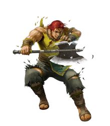 Rule 34 | 1boy, armband, axe, bare arms, beard, belt, brown eyes, collarbone, damaged, dorcas (fire emblem), facial hair, fire emblem, fire emblem: the blazing blade, fire emblem heroes, full body, green pants, highres, holding, holding axe, holding weapon, lips, male focus, manly, muscular, nintendo, nose, official art, pants, realistic, red hair, sandals, serious, shirt, short hair, soeda ippei, solo, tank top, toenails, toes, tomahawk, torn clothes, torn pants, torn shirt, transparent background, weapon, wristband, yellow shirt