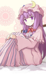 Rule 34 | 1girl, aono (anotherk), bed, bow, crescent, floral background, hair bow, hat, long hair, patchouli knowledge, purple eyes, purple hair, ribbon, sketch, solo, touhou