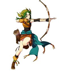 Rule 34 | 1girl, armor, arrow (projectile), bandana, black legwear, boots, bow (weapon), fingerless gloves, fire emblem, fire emblem: the blazing blade, fire emblem heroes, full body, gloves, green eyes, green hair, highres, holding, holding weapon, hoshino lily, leg up, miniskirt, nintendo, official art, quiver, rebecca (fire emblem), short hair, short twintails, shoulder armor, skirt, solo, transparent background, twintails, weapon