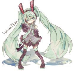 Rule 34 | 1girl, bad id, bad pixiv id, boots, character name, detached sleeves, green hair, hatsune miku, headset, ii-m (two m), kunreishiki, long hair, muu (nukonyann), necktie, nigosaki (25box), pigeon-toed, romaji text, simple background, skirt, solo, thigh boots, thighhighs, twintails, very long hair, vocaloid, white background