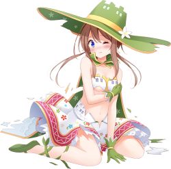 Rule 34 | 1girl, ;(, artist request, bare shoulders, between legs, blue eyes, blush, breasts, brown hair, cleavage, dress, flower, full body, green footwear, green hat, hair flower, hair ornament, hand between legs, hat, looking at viewer, low twintails, mary janes, official art, oshiro project:re, shoes, sidelocks, sitting, small breasts, solo, spis (oshiro project), torn clothes, torn dress, transparent background, twintails