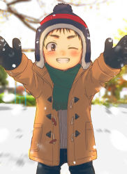Rule 34 | 1boy, black hair, brown eyes, child, coat, eyebrows, grin, hat, highres, looking at viewer, male focus, mittens, oginy, one eye closed, original, outstretched arms, reaching, reaching towards viewer, scarf, smile, snow, solo, winter
