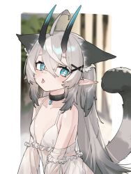 Rule 34 | 1girl, ahoge, animal ears, bare shoulders, black choker, blue eyes, blurry, blurry background, blush, breasts, cat ears, choker, collarbone, crossed bangs, detached sleeves, dress, extra ears, grey hair, hair between eyes, hair ornament, highres, horns, long hair, looking at viewer, mosou keito, multicolored hair, oni horns, open mouth, original, pointy ears, see-through, small breasts, solo, tail, tongue, tongue out, upper body, white dress, x hair ornament