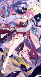 Rule 34 | 1girl, animal ears, bare shoulders, cherry blossom print, cherry blossoms, commentary request, detached sleeves, dutch angle, earrings, electricity, floppy ears, floral print, fox ears, full body, full moon, genshin impact, hand up, highres, jewelry, long hair, looking at viewer, moon, nail polish, night, open mouth, outdoors, pink hair, pink nails, purple eyes, sandals, shirt, sleeveless, sleeveless shirt, smile, solo, taiju (gr09kuma), tassel, toenail polish, toenails, tree, turtleneck, very long hair, walking, white shirt, white sleeves, wide sleeves, yae miko