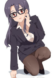 Rule 34 | alt text, black-framed eyewear, black footwear, black hair, black jacket, black pantyhose, black skirt, blouse, breasts, business suit, buttons, cleavage, commentary request, formal, glasses, hand up, highres, idolmaster, idolmaster million live!, jacket, legs, long hair, long sleeves, looking at viewer, nanakura nanane, on one knee, open collar, panties, pantyhose, pantyshot, paper, parted lips, pencil skirt, red eyes, shirt, shoes, skirt, solo, suit, takayama sayoko, thighs, underwear, white background, white shirt
