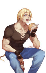 Rule 34 | 1boy, absurdres, baseball cap, blonde hair, blue eyes, burger, denim, eating, fatal fury, fingerless gloves, food, food on face, gloves, hat, unworn hat, unworn headwear, highres, holding, holding clothes, holding hat, jacket, unworn jacket, jeans, long hair, male focus, open mouth, pants, pectoral cleavage, pectorals, ponytail, shirt, sitting, solo, spade-m, t-shirt, terry bogard, the king of fighters