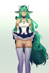 Rule 34 | 1girl, animal ears, bare shoulders, blue skirt, closed mouth, clothes lift, curly hair, distr, elbow gloves, gloves, gluteal fold, green eyes, green hair, horns, league of legends, long hair, looking at viewer, pleated skirt, pussy, pussy juice, pussy juice trail, signature, single horn, skirt, skirt lift, solo, soraka (league of legends), standing, thighhighs, uncensored, very long hair, white gloves, white thighhighs