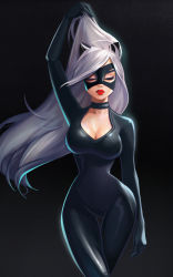 Rule 34 | 1girl, absurdres, animal ears, black background, black bodysuit, black cat, black choker, bodysuit, breasts, cat, cat ears, cat girl, catwoman, choker, cleavage, closed eyes, closed mouth, collarbone, commentary request, cowboy shot, fake animal ears, fantasy, felicia hardy, grey hair, hair pulled back, highres, long hair, marvel, mask, medium breasts, multicolored hair, parted bangs, pinup (style), red lips, rinmaho, simple background, solo, thigh gap, thighs, toon (style), two-tone hair, very long hair, white hair