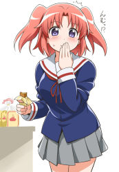 Rule 34 | 1girl, blush, covering own mouth, eating, hand over own mouth, long sleeves, looking at viewer, mikakunin de shinkoukei, pink hair, pleated skirt, purple eyes, school uniform, short hair, simple background, skirt, solo, surprised, two side up, white background, yonomori kobeni, youkan